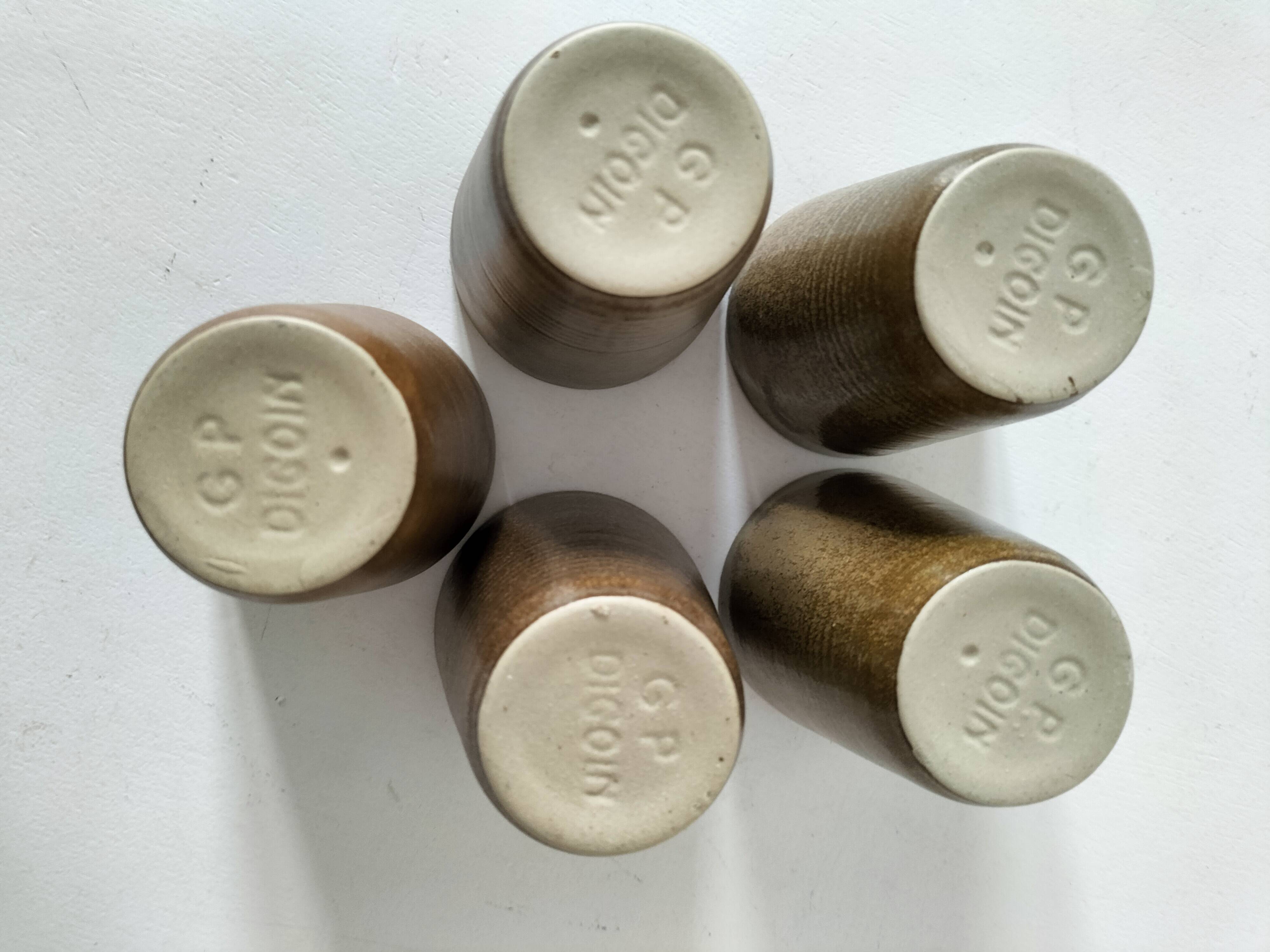 5 speckled stoneware cups from digoin (gp digoin) in brown, 1970s.