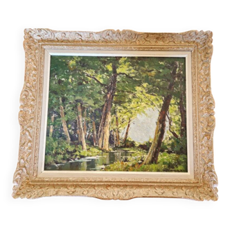 Léon Launay (1890-1956) - Huile sur isorel - Sous bois - Cadre Montparnasse