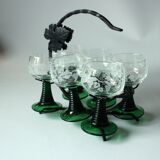 6 verres à vin Roemer avec gravure sur un support en fer forgé fait main, vintage