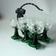6 Roemer wine glasses with engraving on a handmade wrought iron stand, vintage