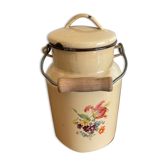 Pot en tôle émaillée avec couvercle et anse bois décor champêtre