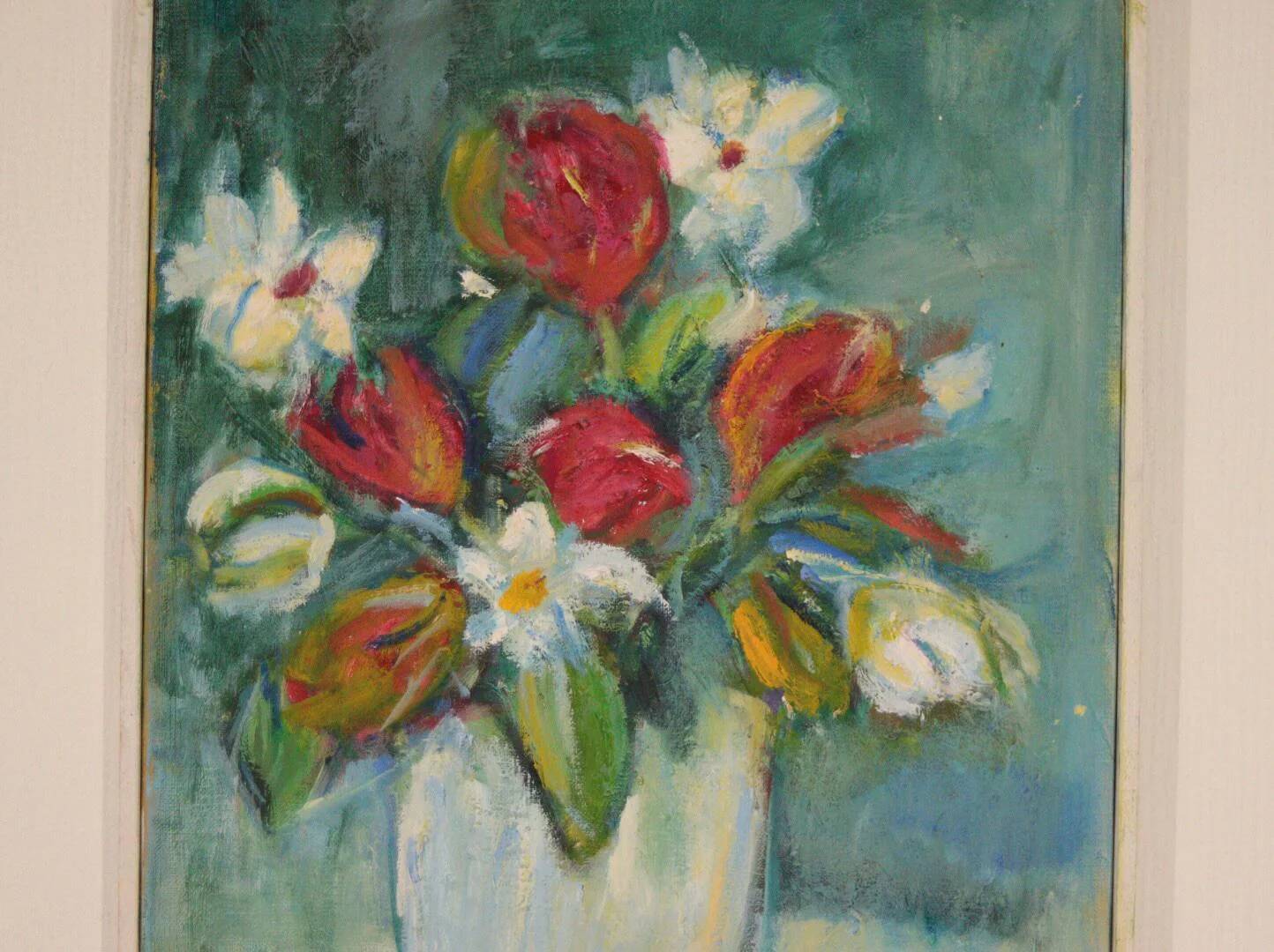 Oil on Swedish canvas "Vase and Flowers" by M. Hernek
