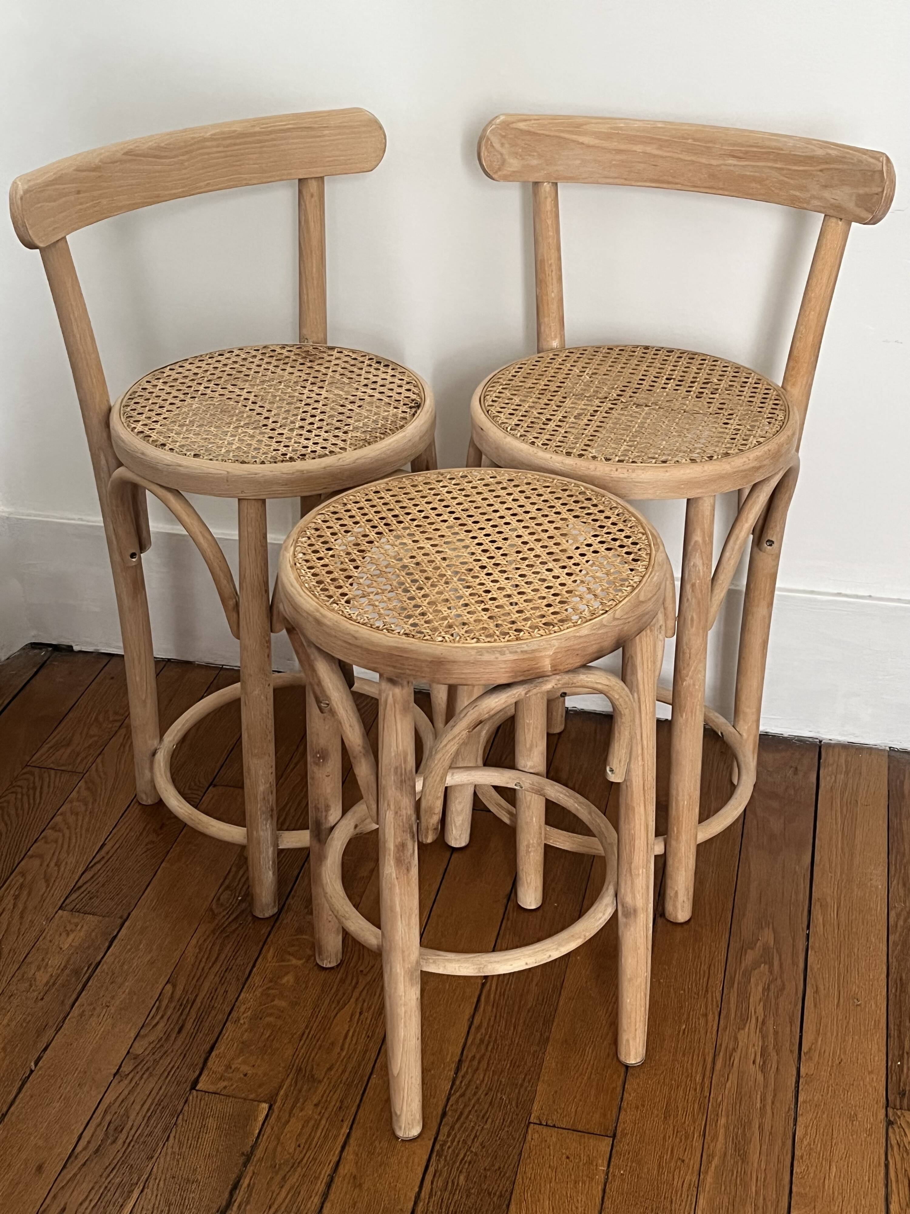 Pair of high chairs, curved wood and caning.