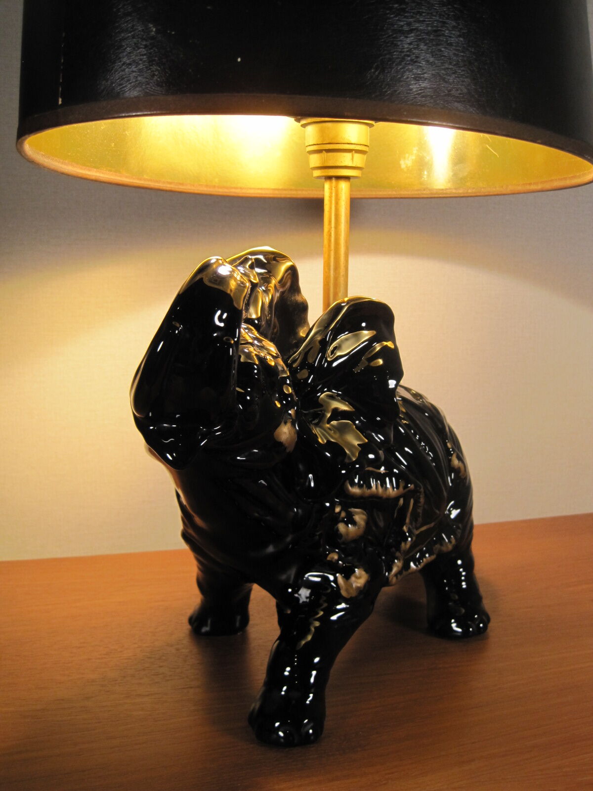 black enamelled ceramic and gold gilding elephant lamp 1950s