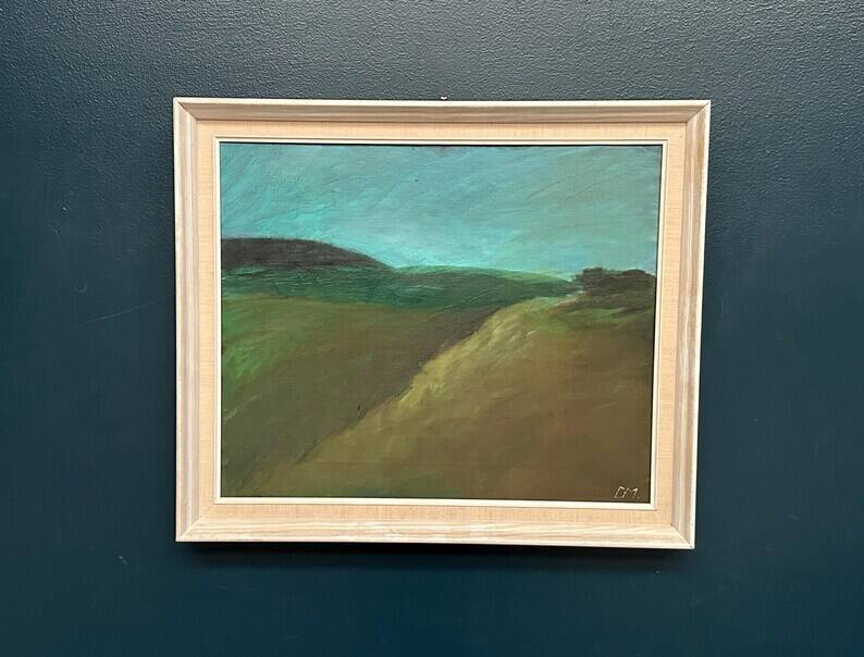 Huile sur toile originale suédoise – "Paysage" par Dina Mortensen – Signé DM – Vintage et encadré – 53 × 45,5 cm (20,9" × 17,9")