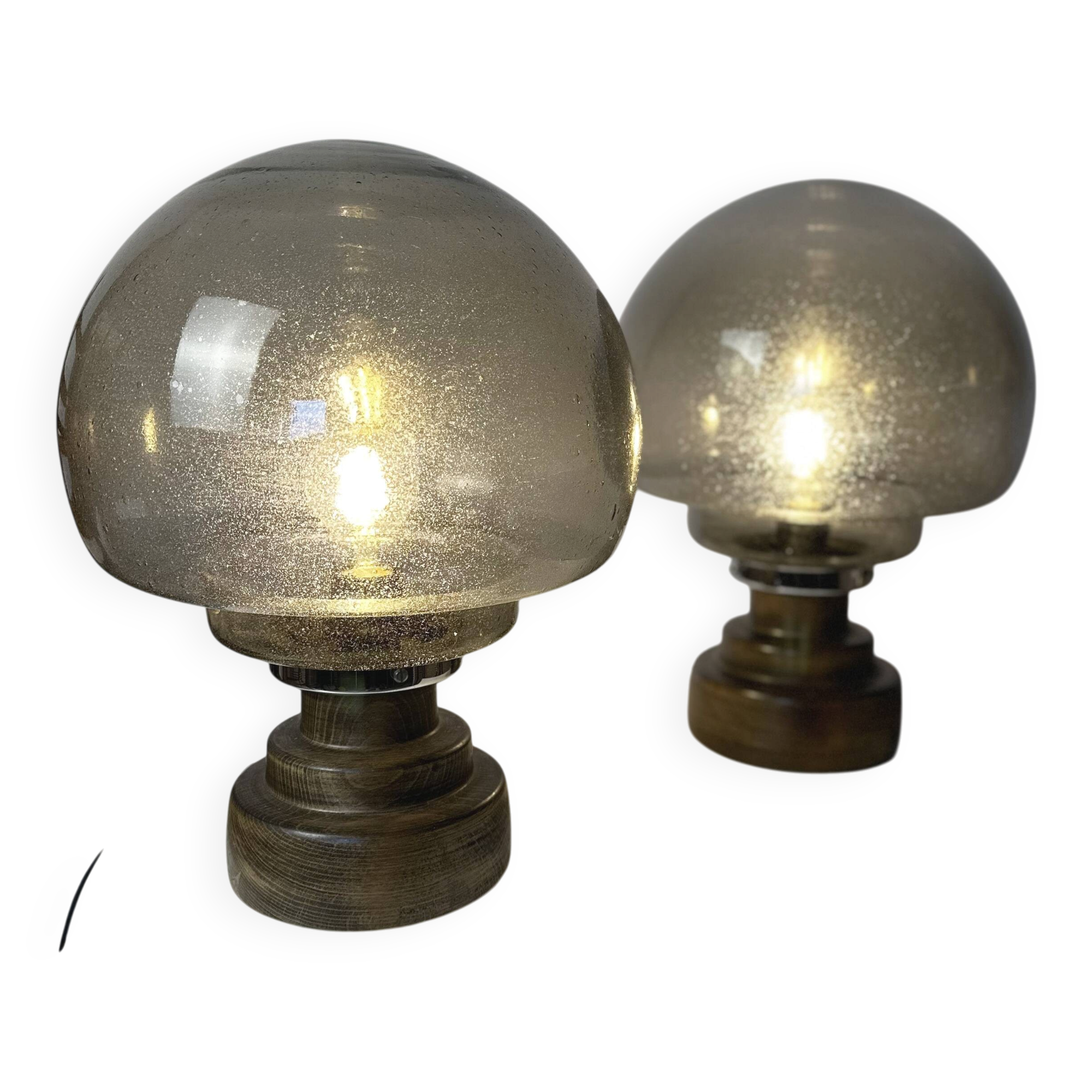 Set of 2 vintage Italian brutalist mushroom table lamps in smoked glass