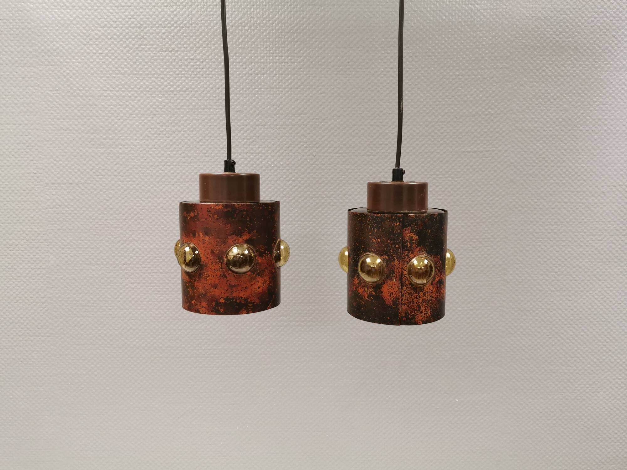 Two beautiful hanging lamps made of thin copper with inlaid glass 1970-80s