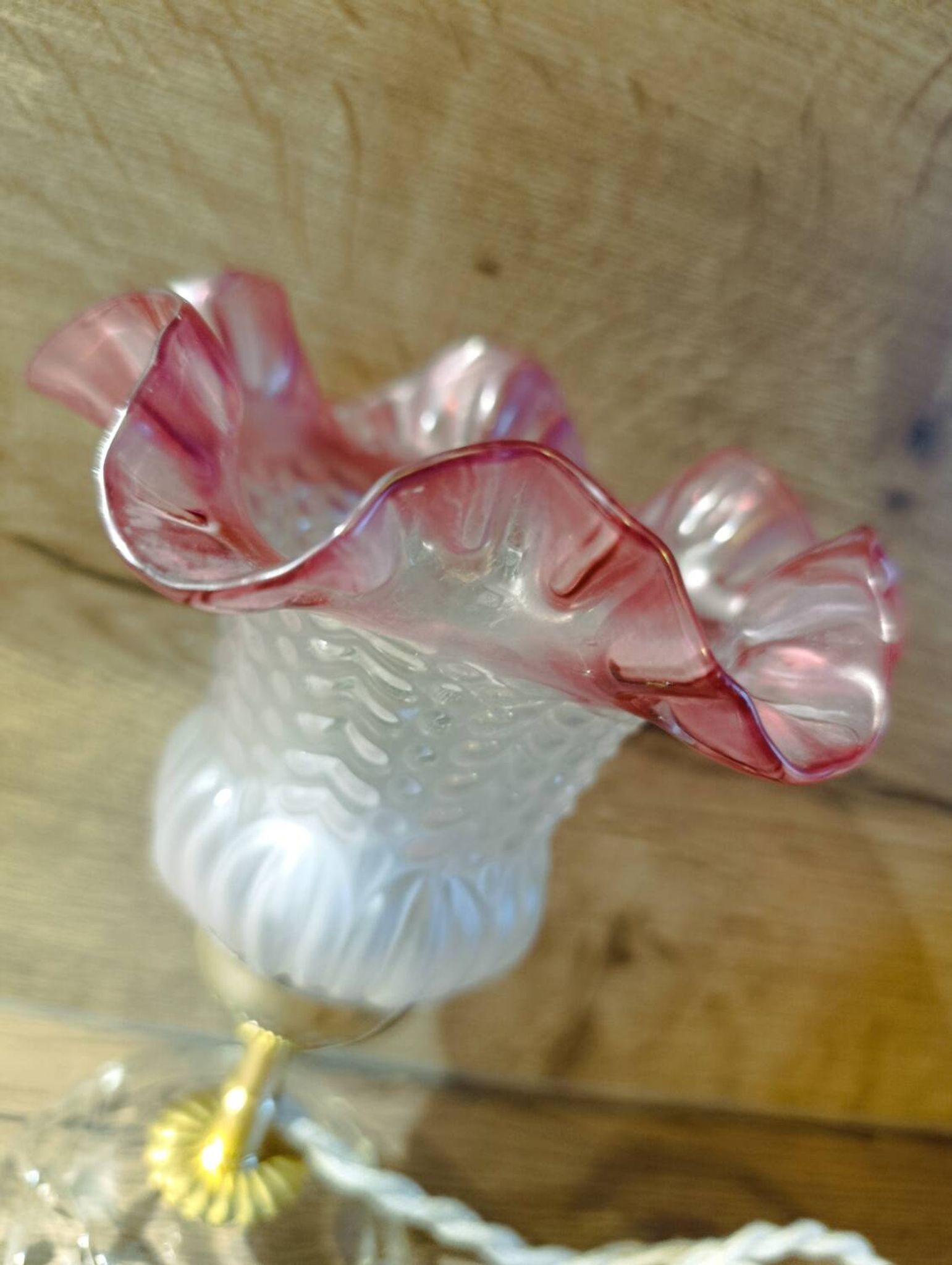 Upcycled vintage pink tulip glass table lamp