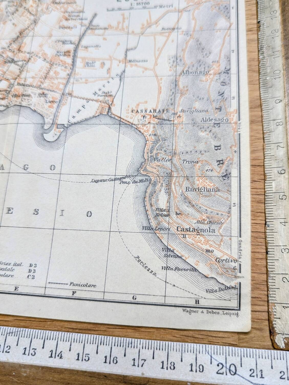 Lugano, Switzerland, original map printed in 1909.