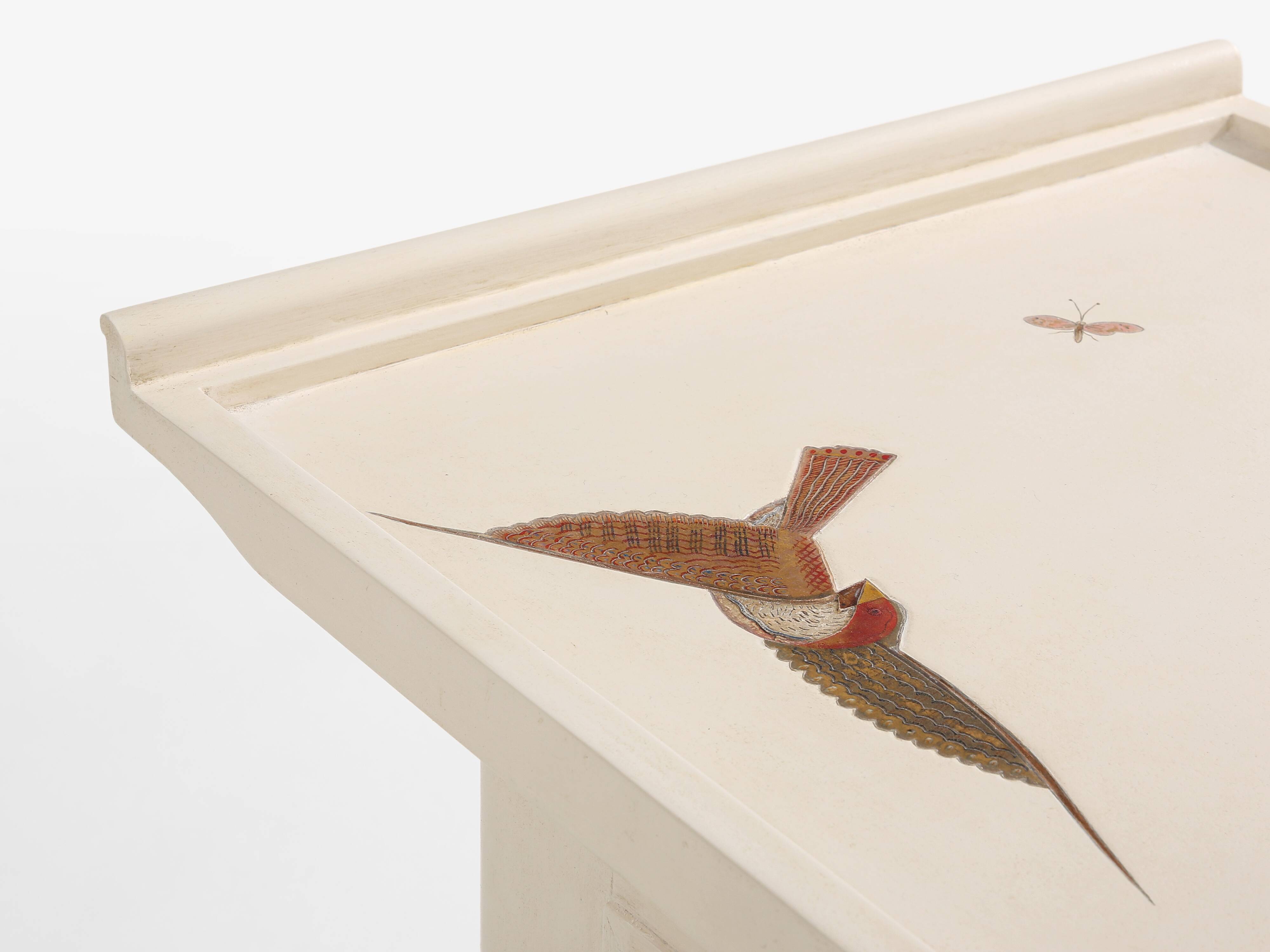 Maurice Jallot coffee table, painted oak with bird decorations, 1930.