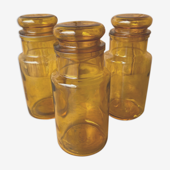 Lot de 3 pots bocal  en verre jaune ambré  de 21.5cm legal France.