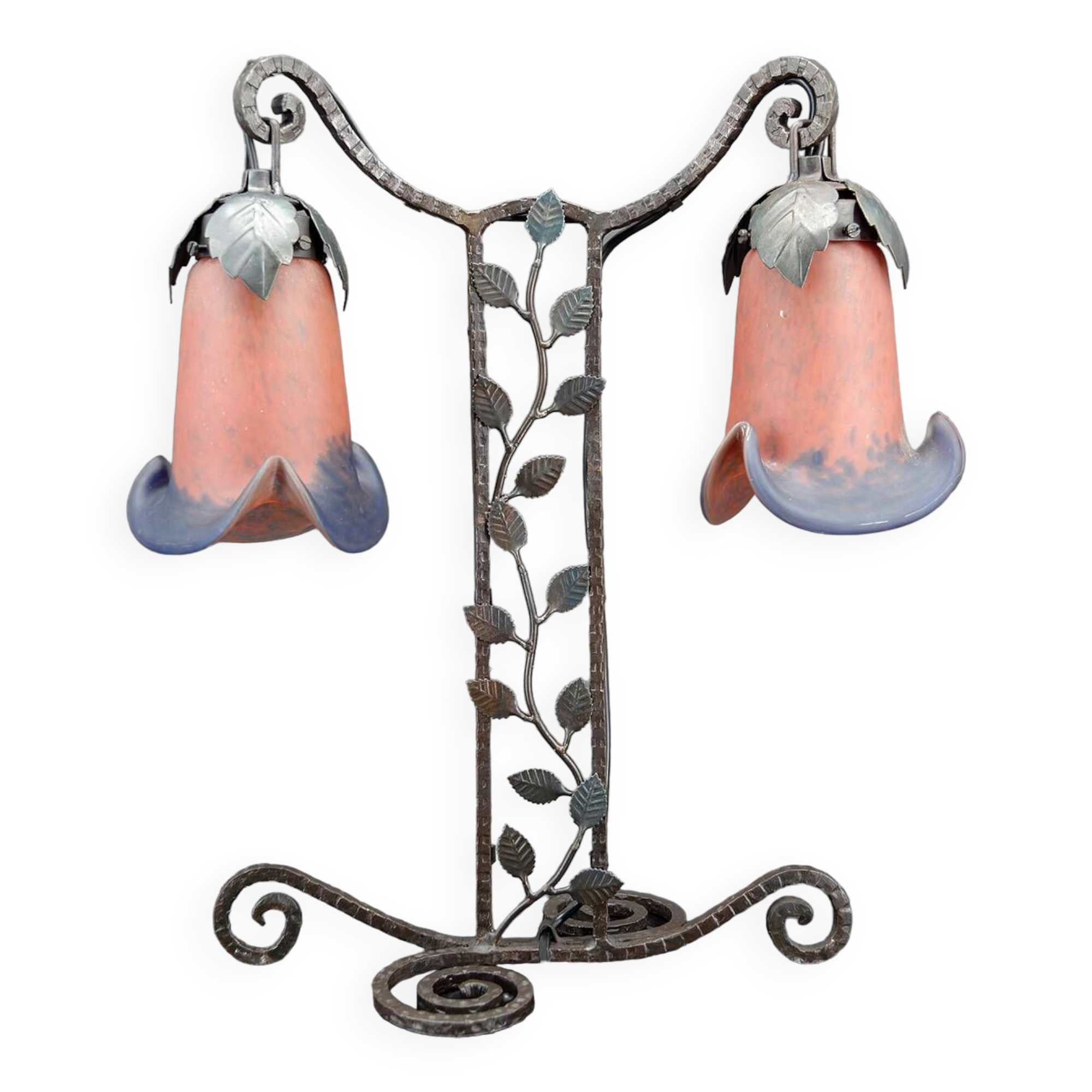 Two-headed wrought iron lamp by Muller, Art Deco, France, Circa 1920
