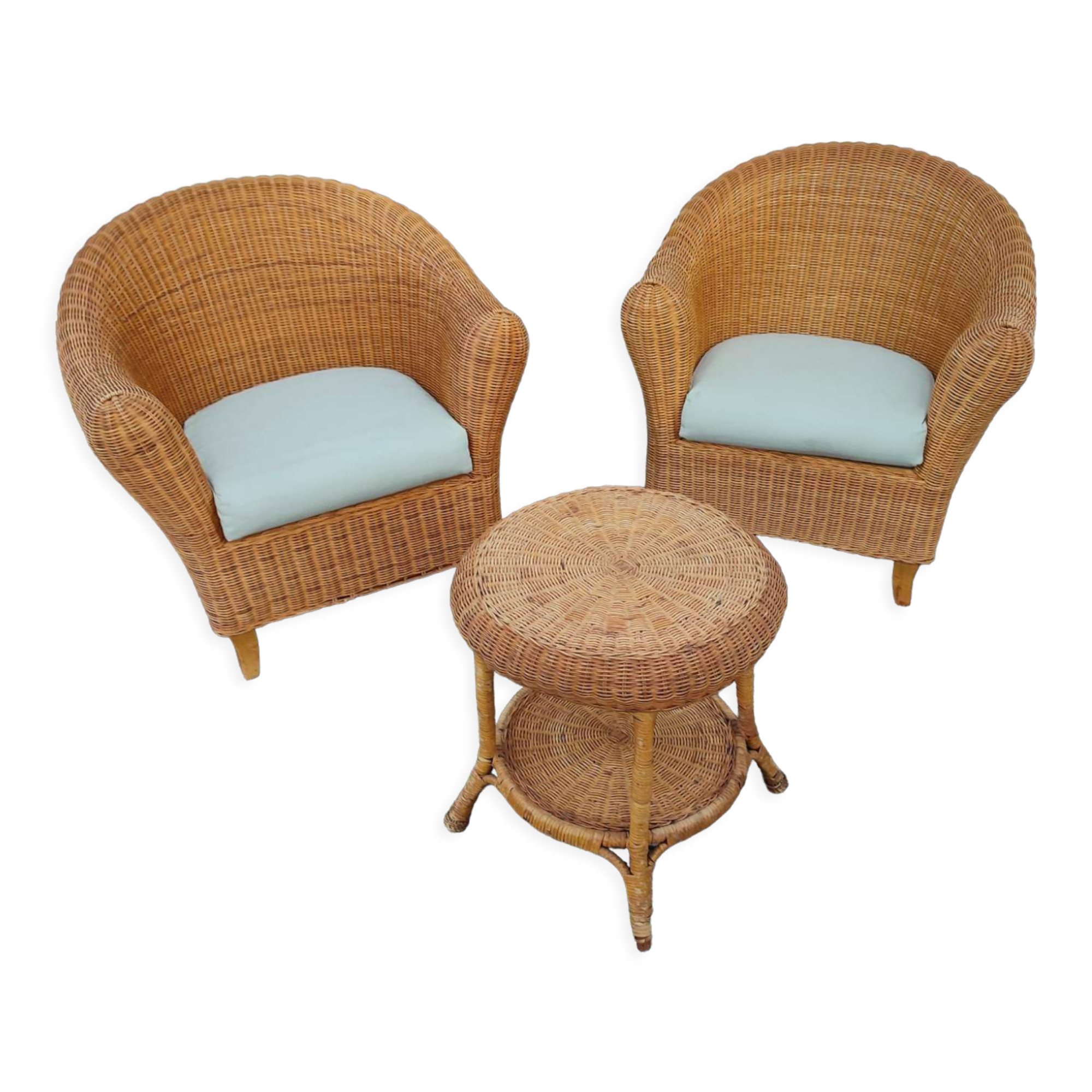 Pair armchairs wicker table Living room veranda vintage