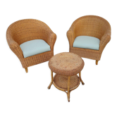 Paire fauteuils table osier vintage