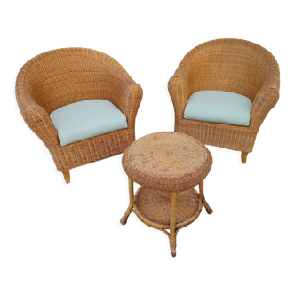 Paire fauteuils table osier vintage