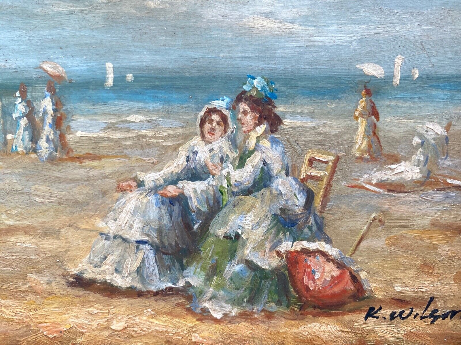 Oil on panel k wilson signature to identify 1960 beach scene