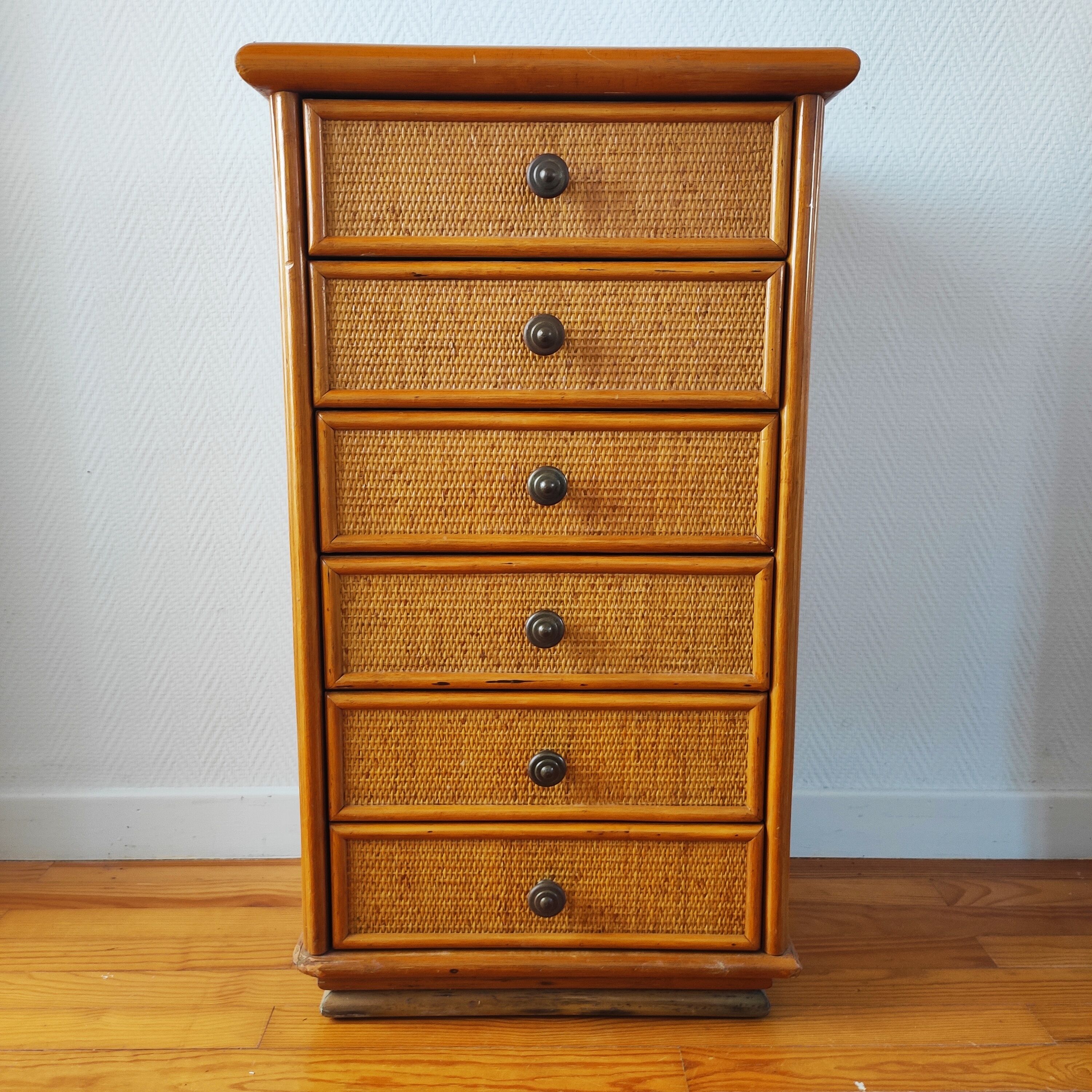 Vintage rattan rag chest of drawers