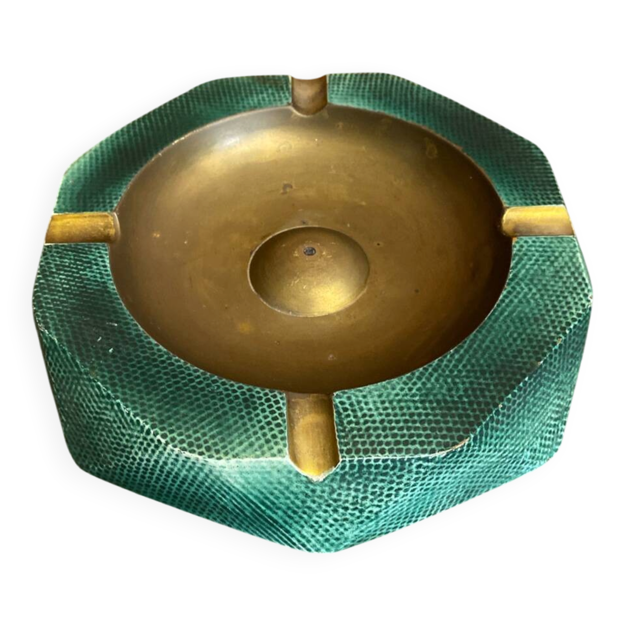 Vintage Green Metal Octagonal Ashtray + Brass