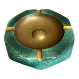 Vintage Green Metal Octagonal Ashtray + Brass