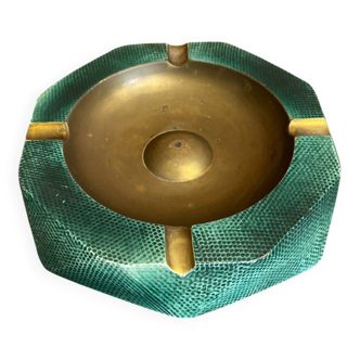 Vintage Green Metal Octagonal Ashtray + Brass