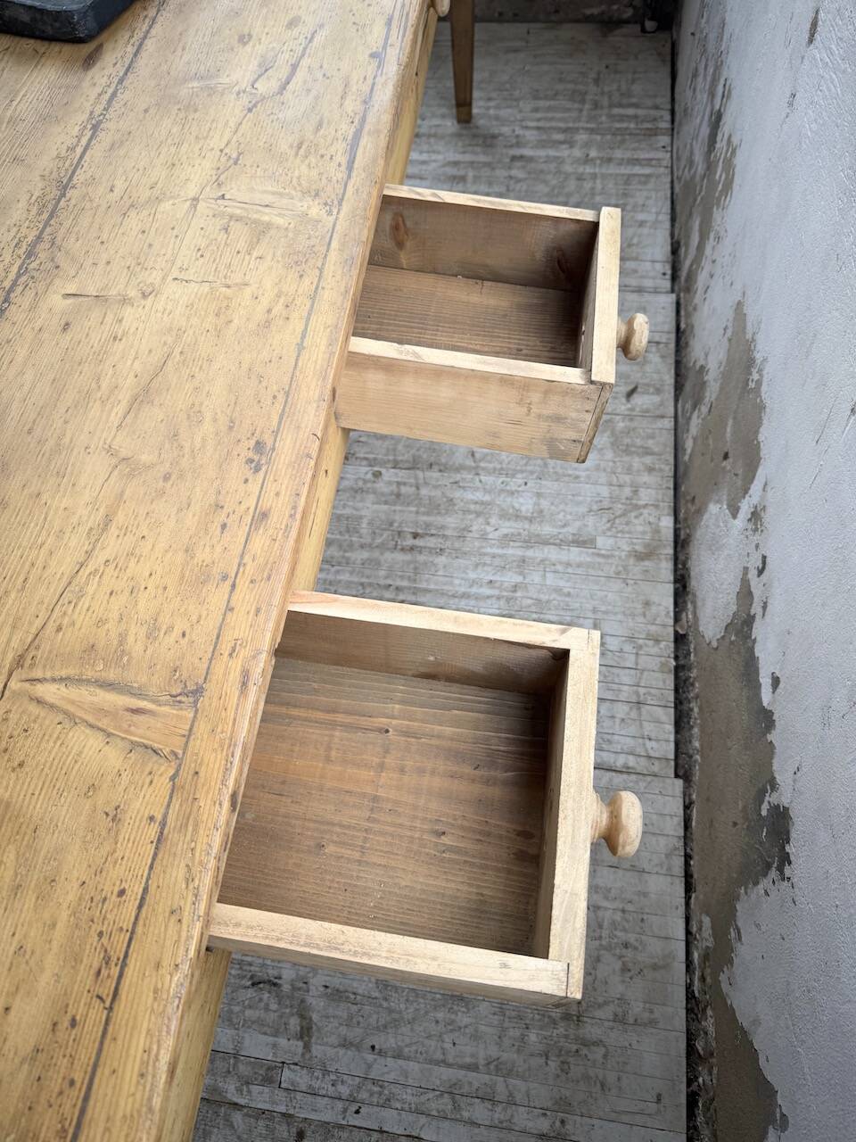 Pine and oak farmhouse table with multiple drawers, communal type, 240cm.