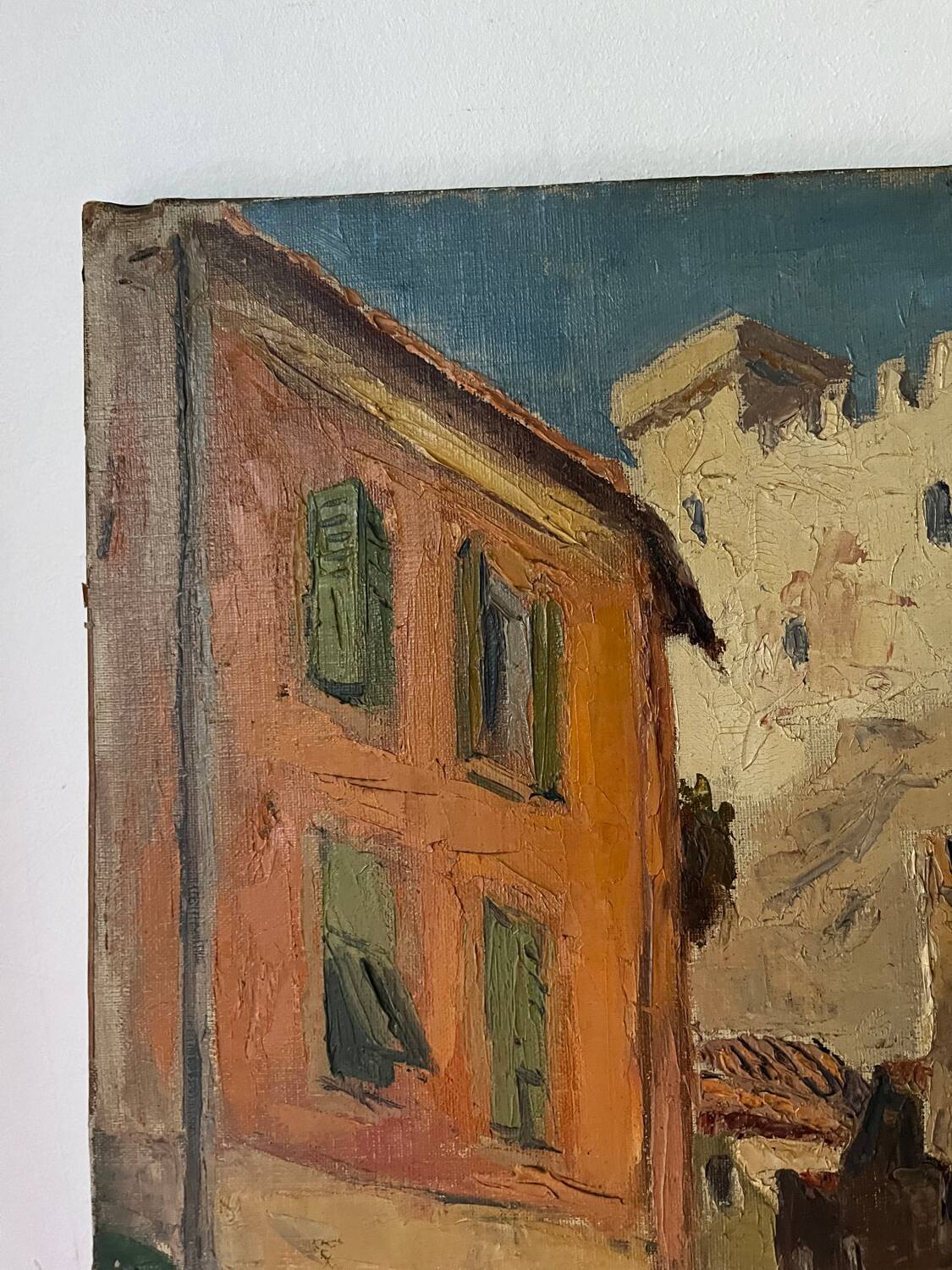 Scène de rue devant château, huile sur toile