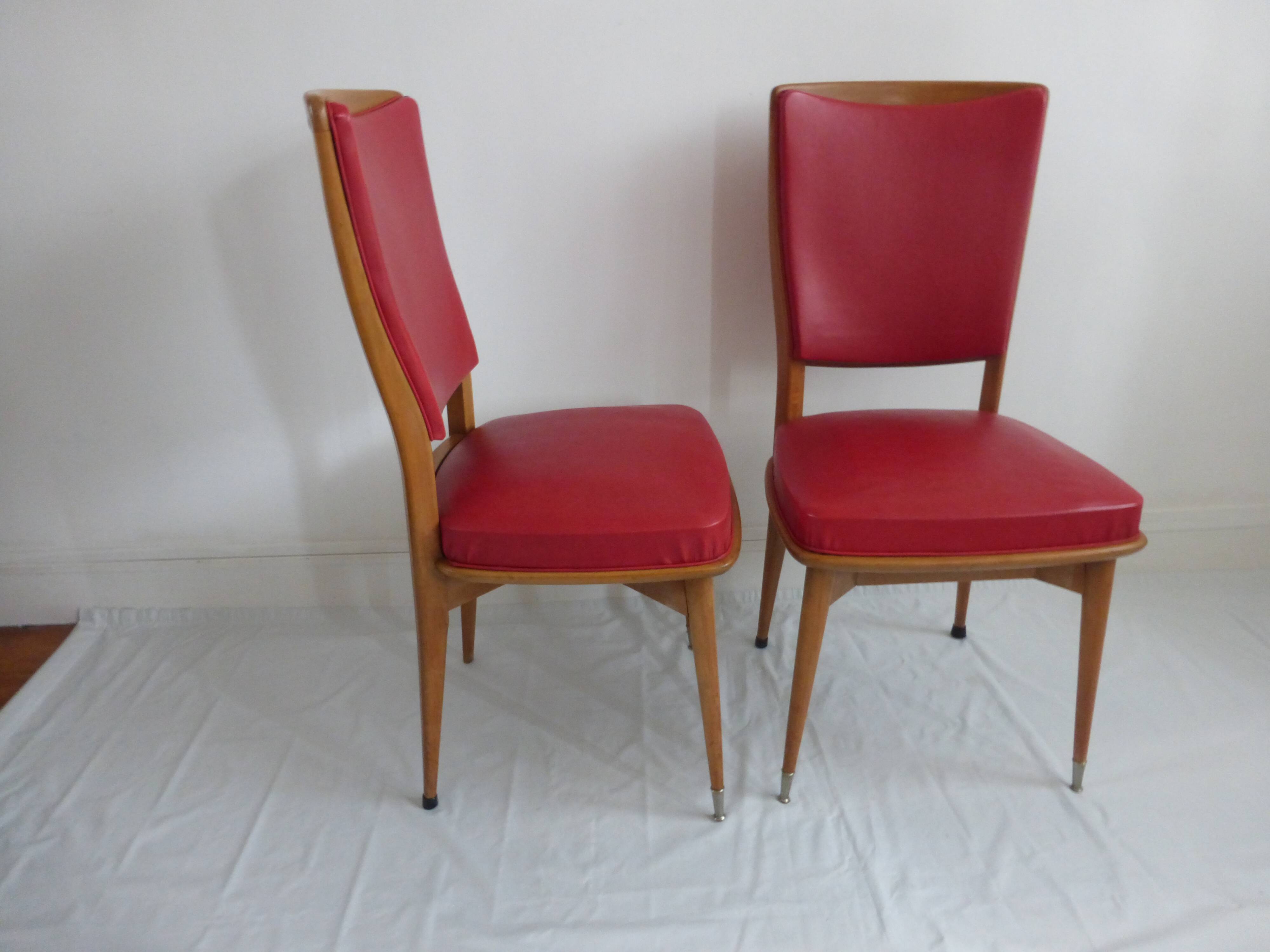 Set of five 50s wooden and red skai chairs