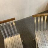 Pair of curule chairs designed by John Vesey, 1958, USA, brushed aluminum, walnut and leather