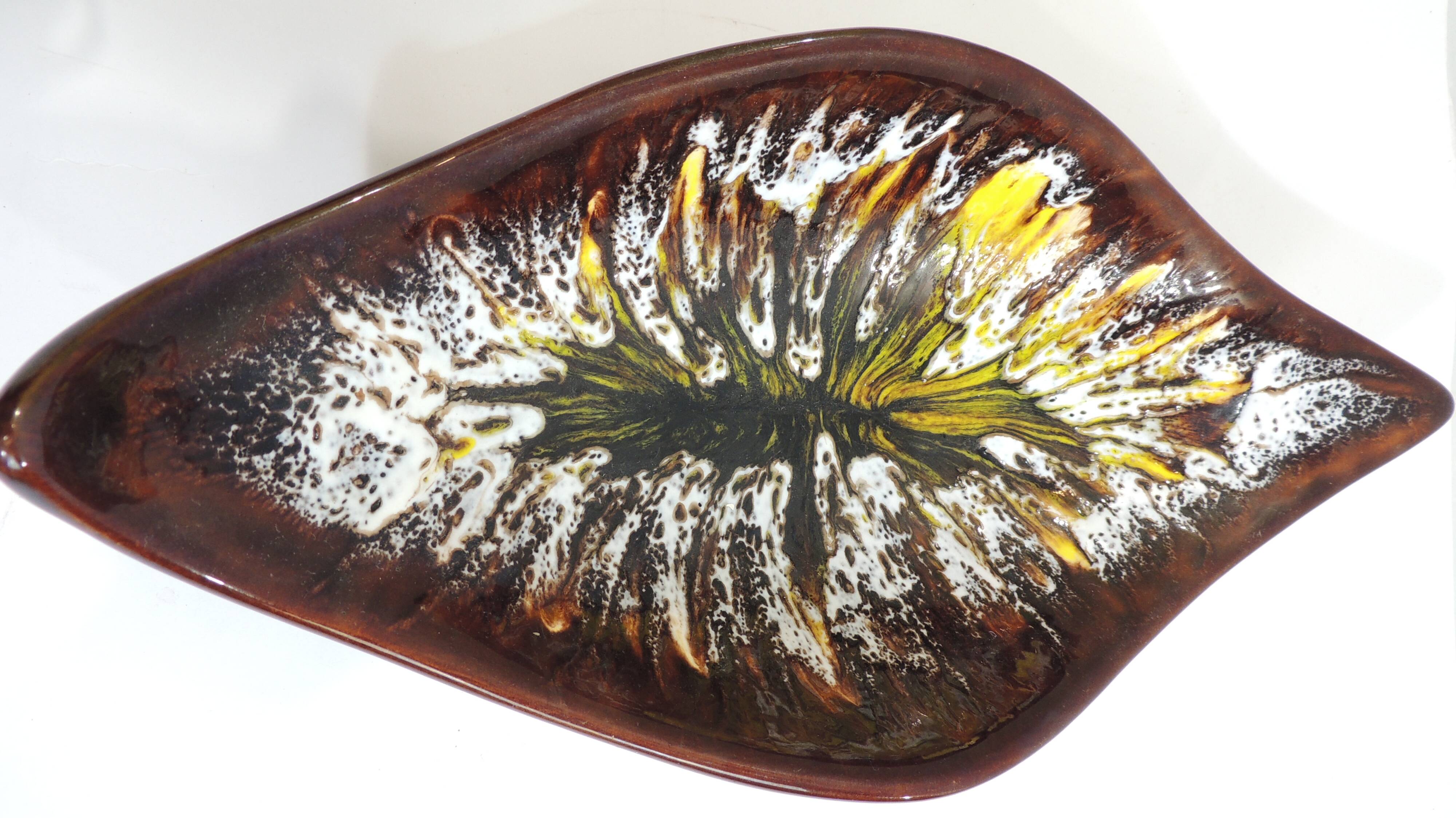 Vintage decorative dish in brown and yellow glazed ceramic from the 70s