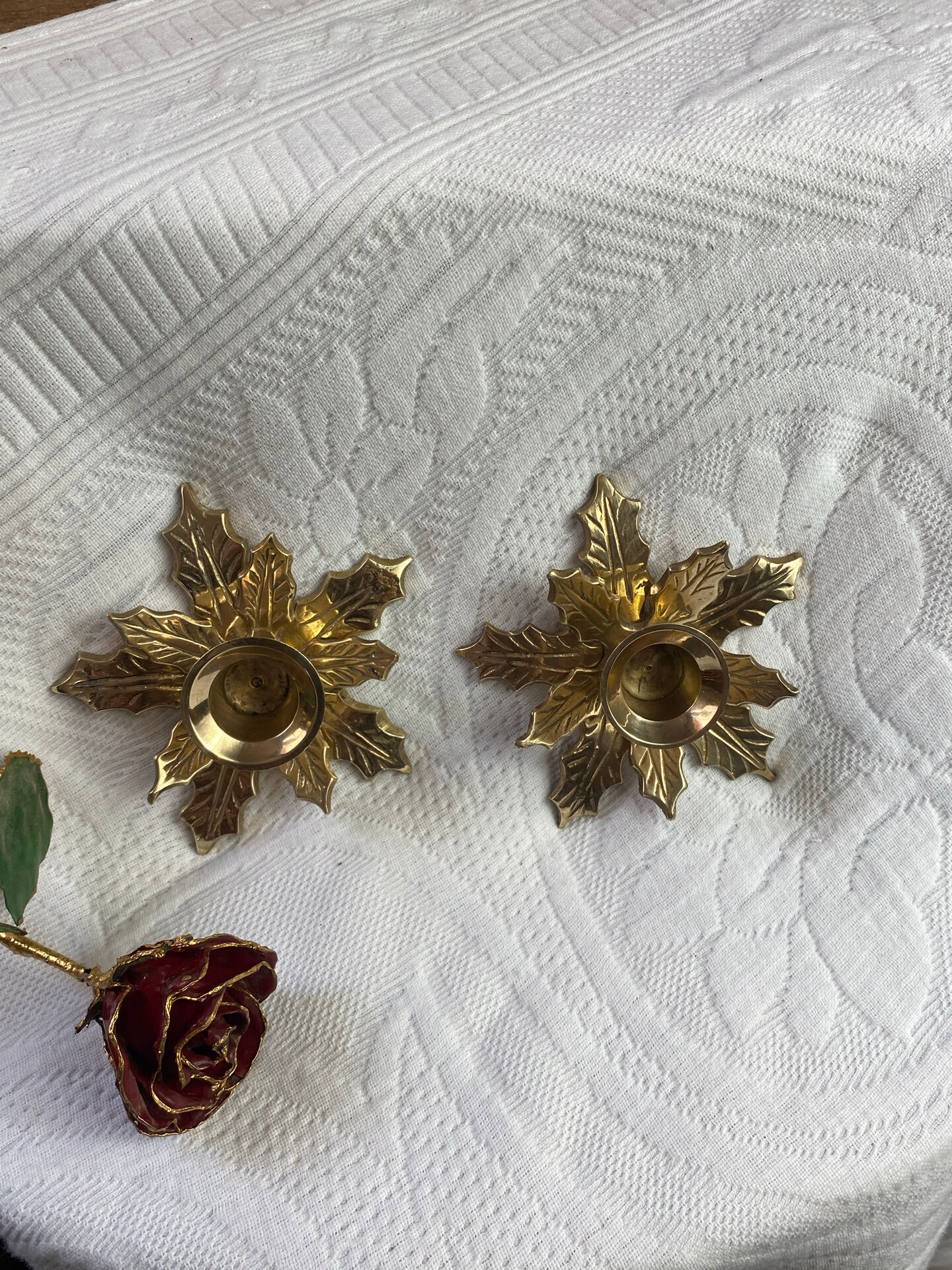 Pair of candlesticks, holly leaves, in brass