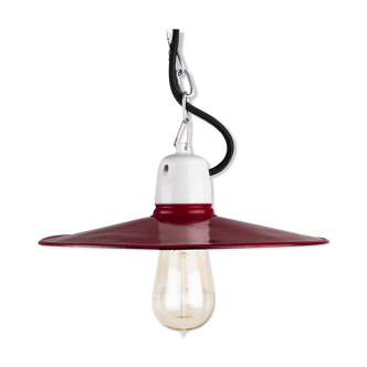 Old workshop enamel lamp in dark red, Poland, 1960s