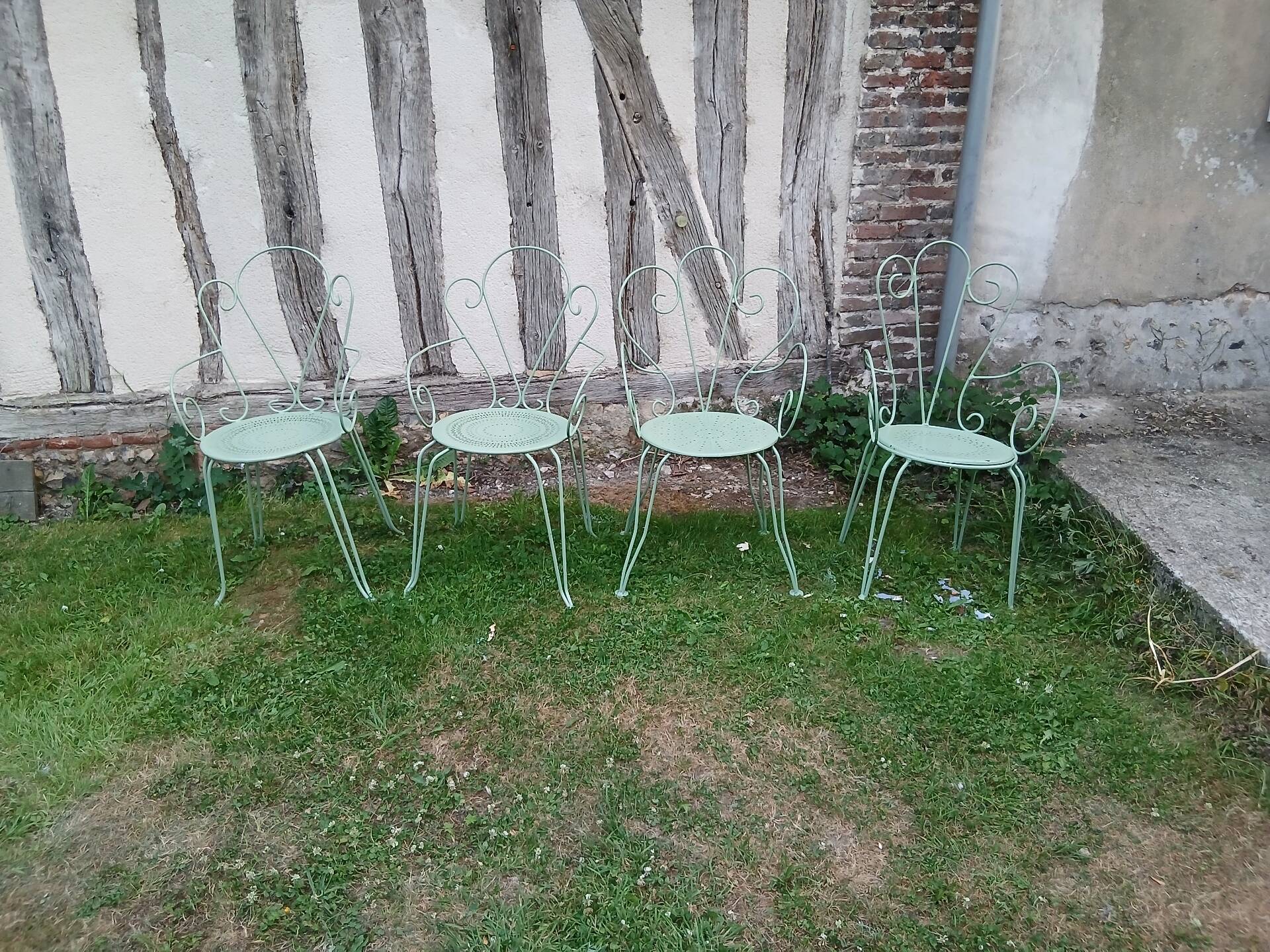 Salon de jardin 1 table 4 fauteuils fer forgé ancien vert Provence