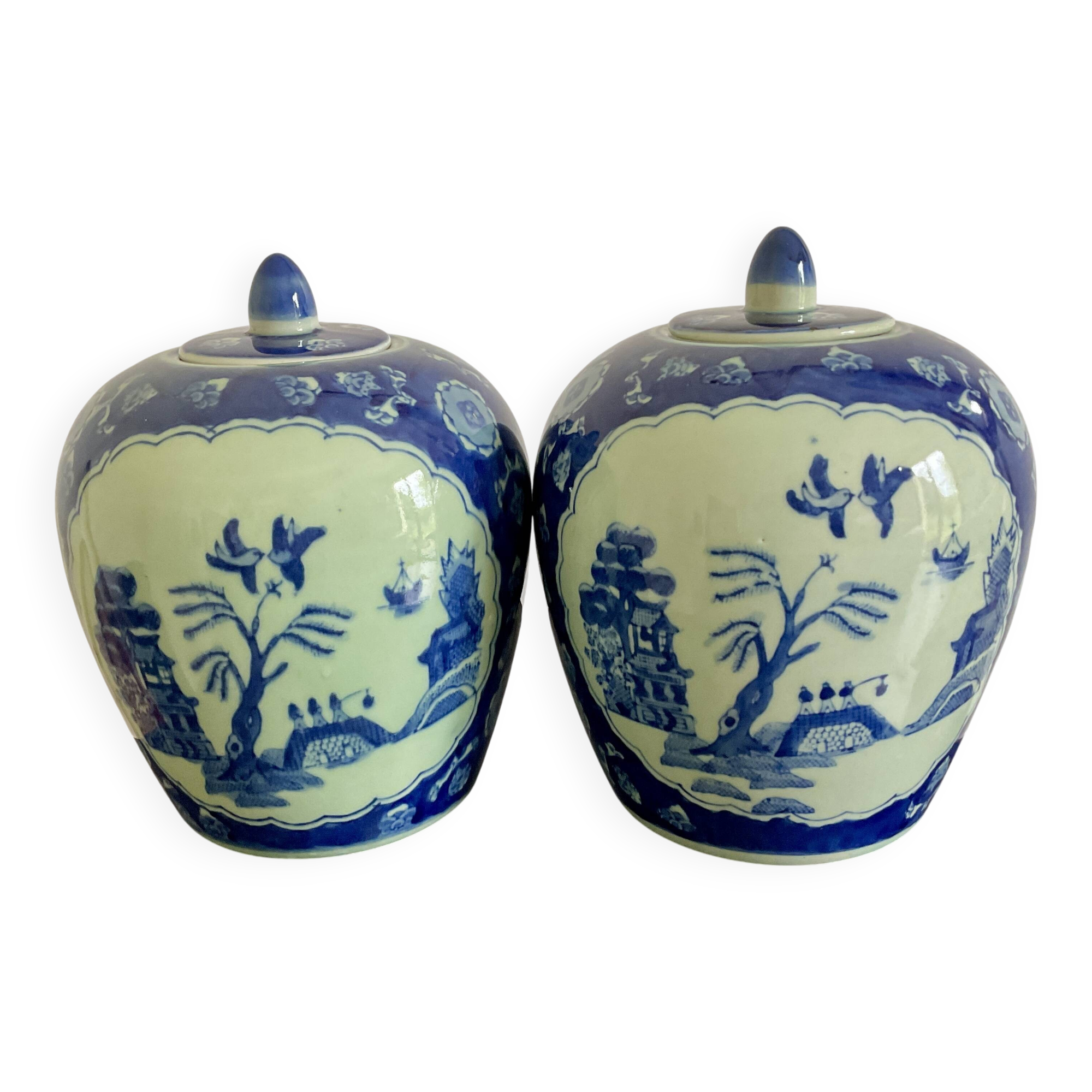 2 pots à gingembre décor bleu peint à la main