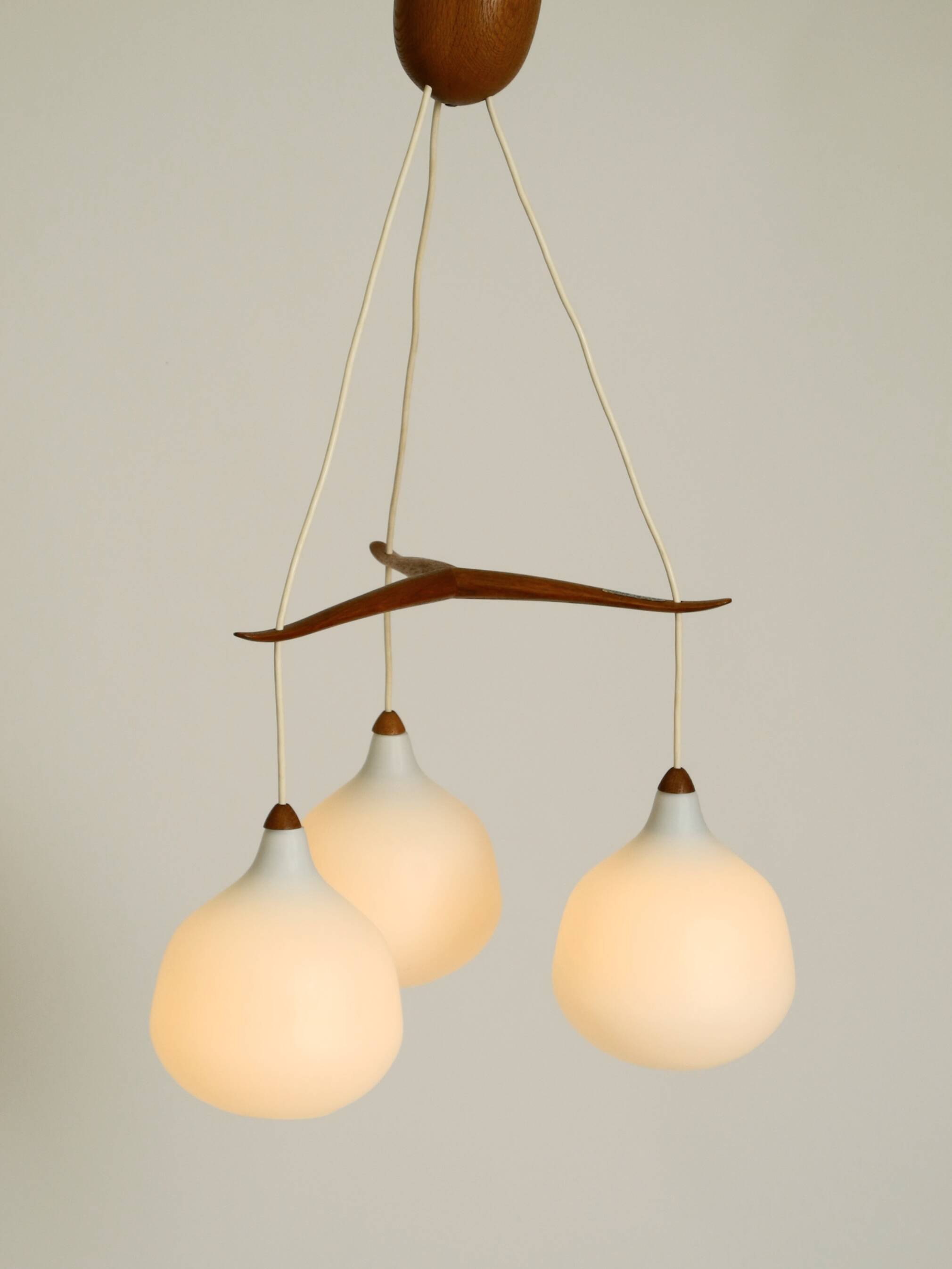 Pendant lamp with opal glass shades teak frame by Uno & Östen Kristiansson