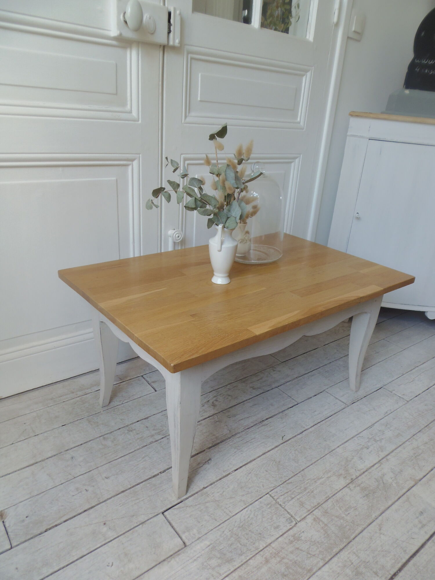 Vintage coffee table patinated pearl gray waxed finish, top against glued varnished oak