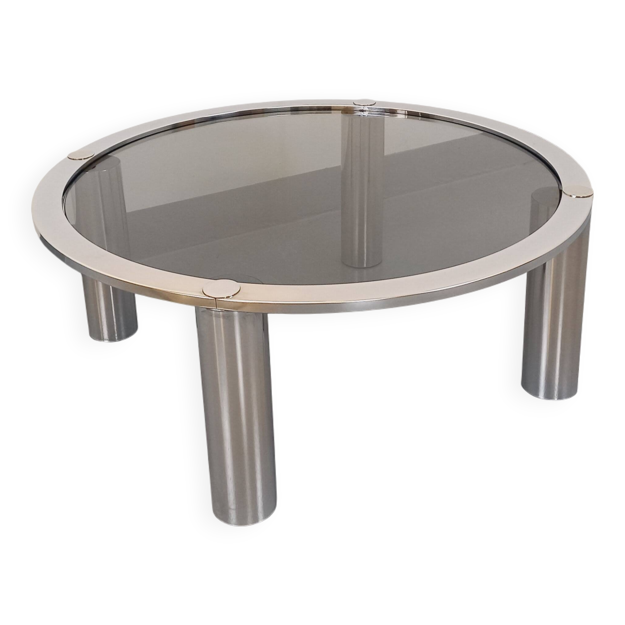 Vintage round coffee table in smoked glass and chrome metal from the 70s