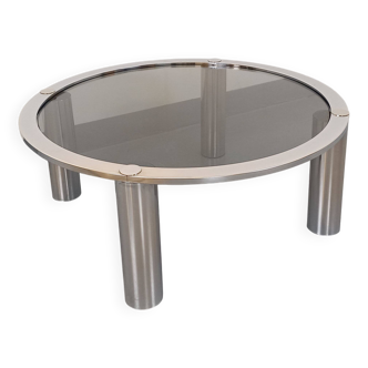 Vintage round coffee table in smoked glass and chrome metal from the 70s