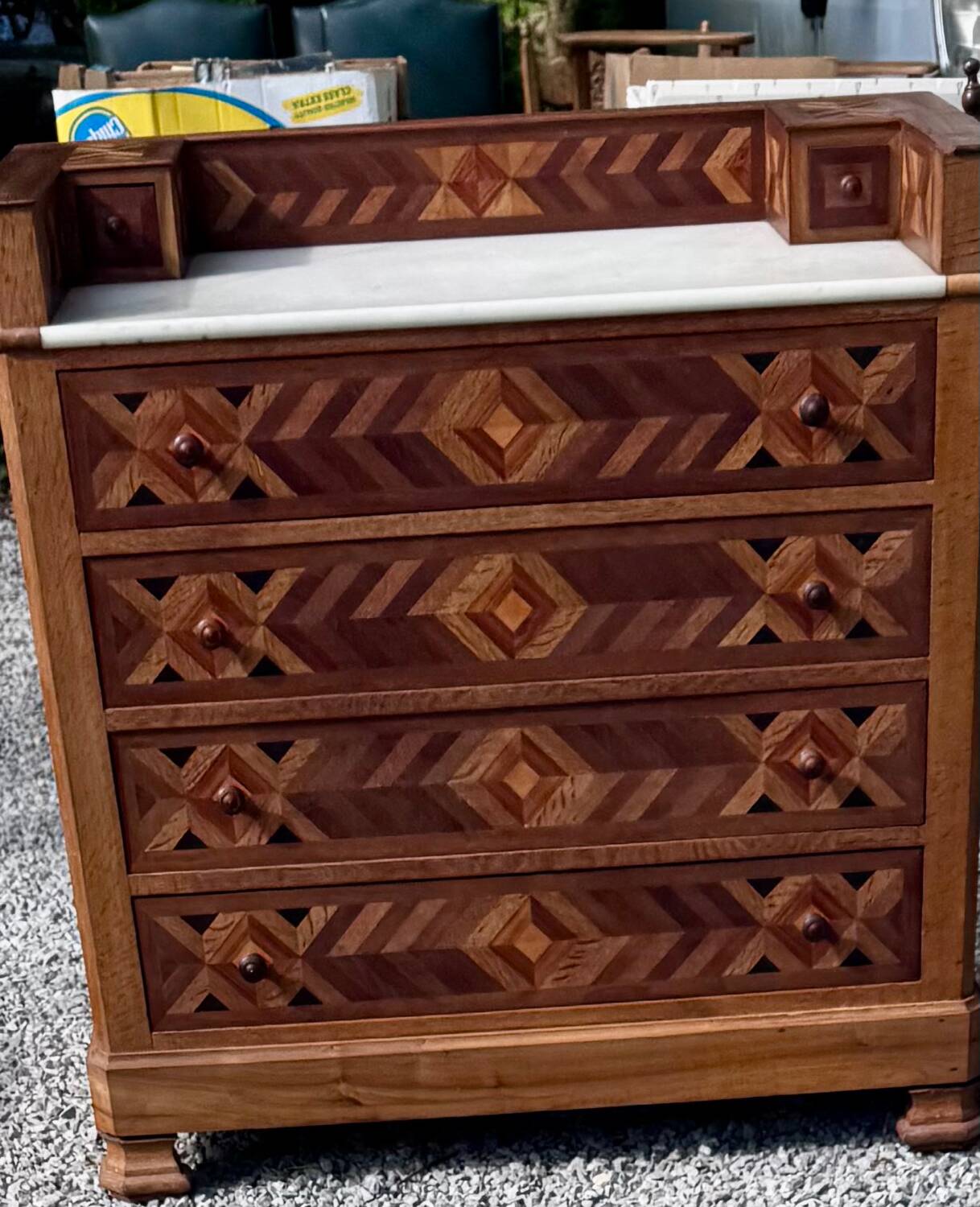 Antique inlaid chest of drawers, marble top