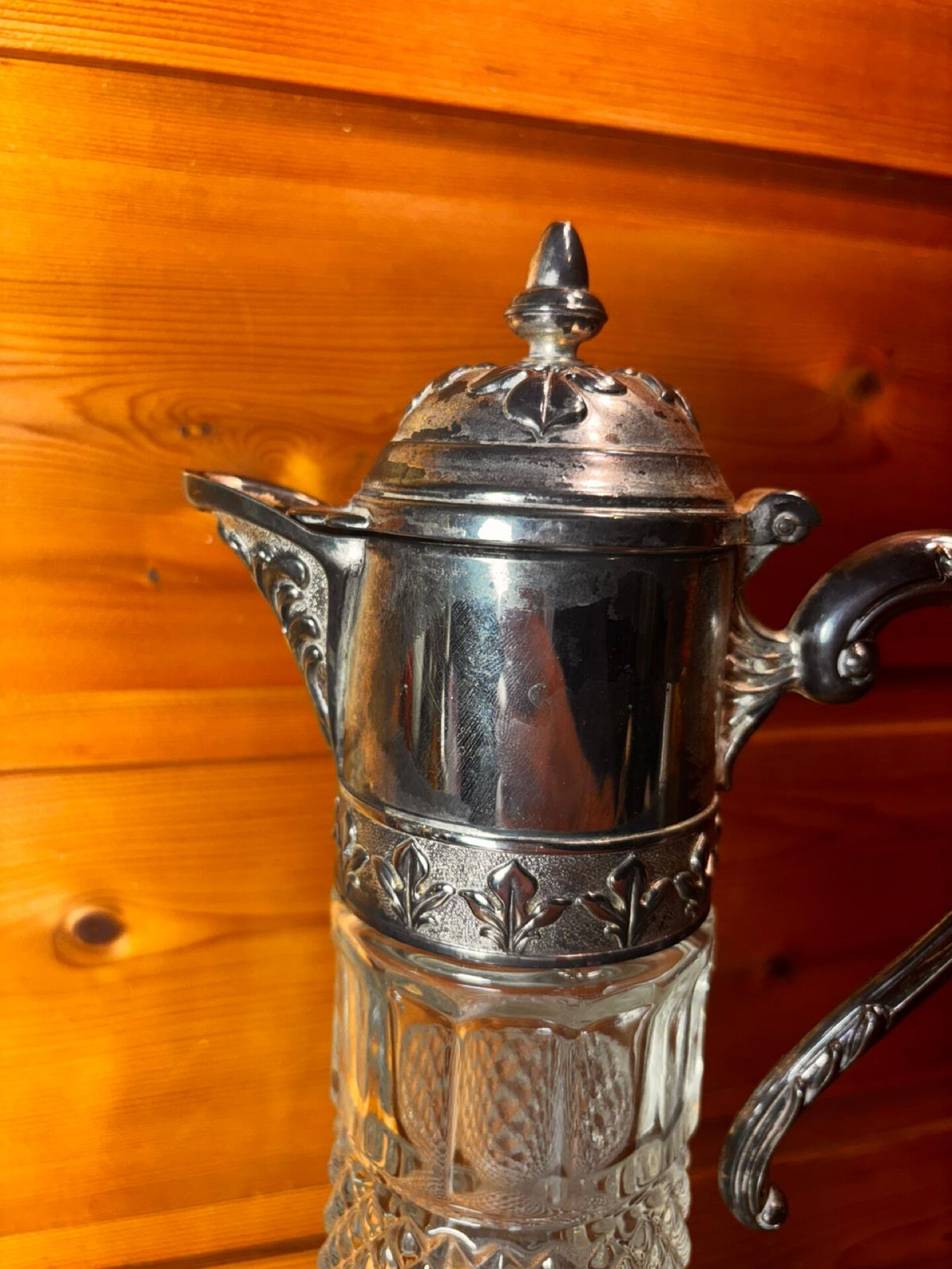 Beautiful moulded glass carafe jug, silver-plated mount, vintage.