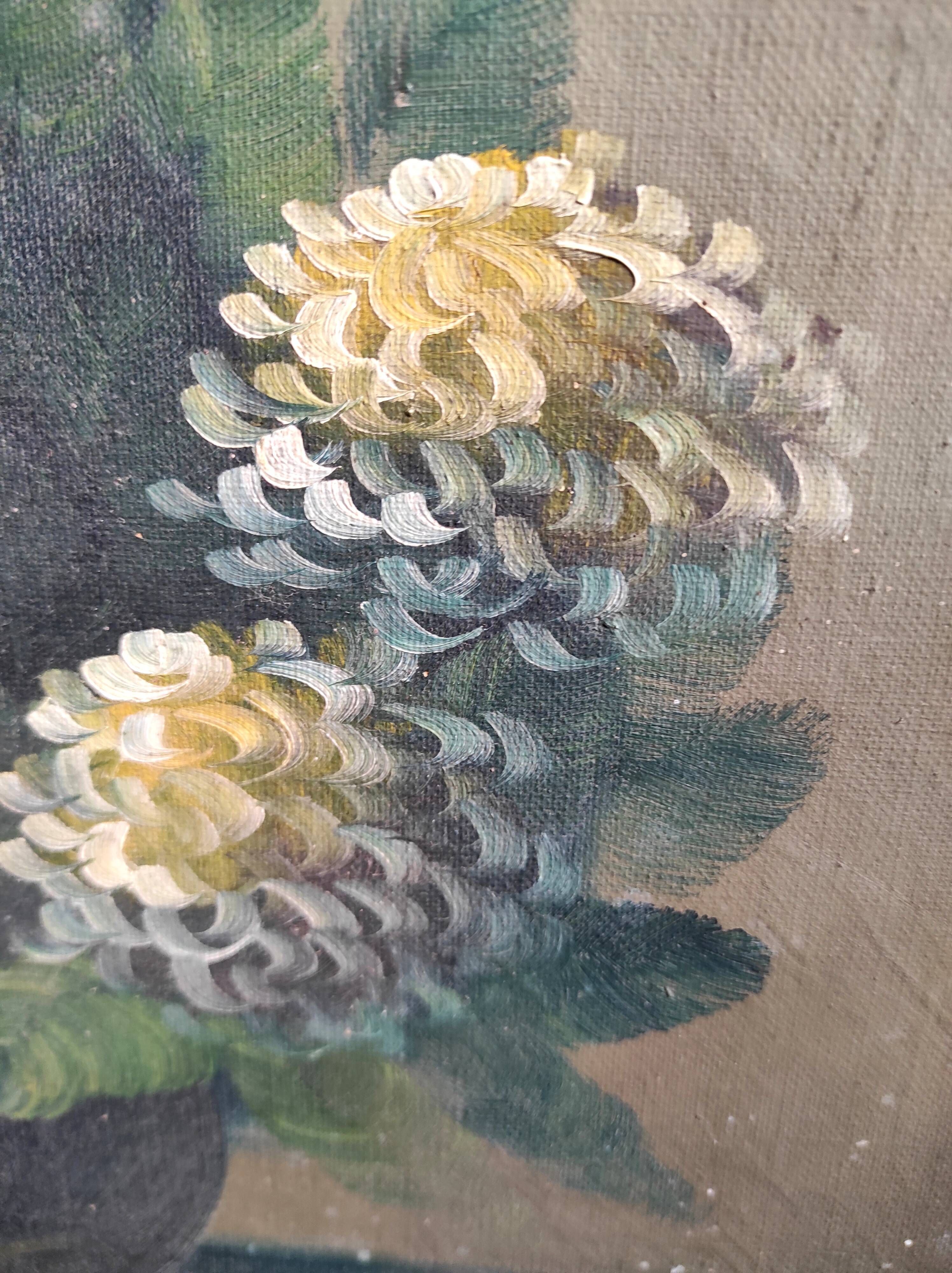 Vintage French oil painting of chrysanthemums, signed