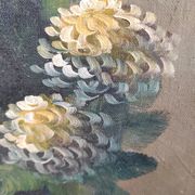 Vintage French oil painting of chrysanthemums, signed