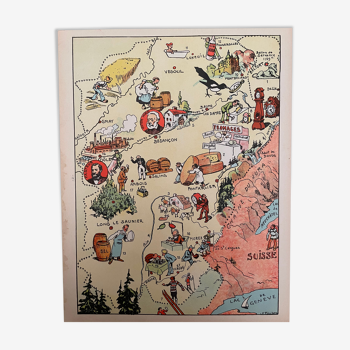 Affiche ancienne carte de la Franche Comté - JP Pinchon