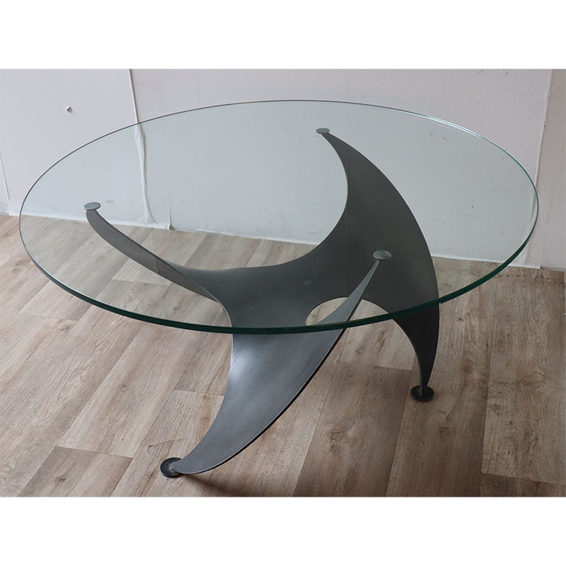Table basse vintage "Hélice" en acier et verre, 1970