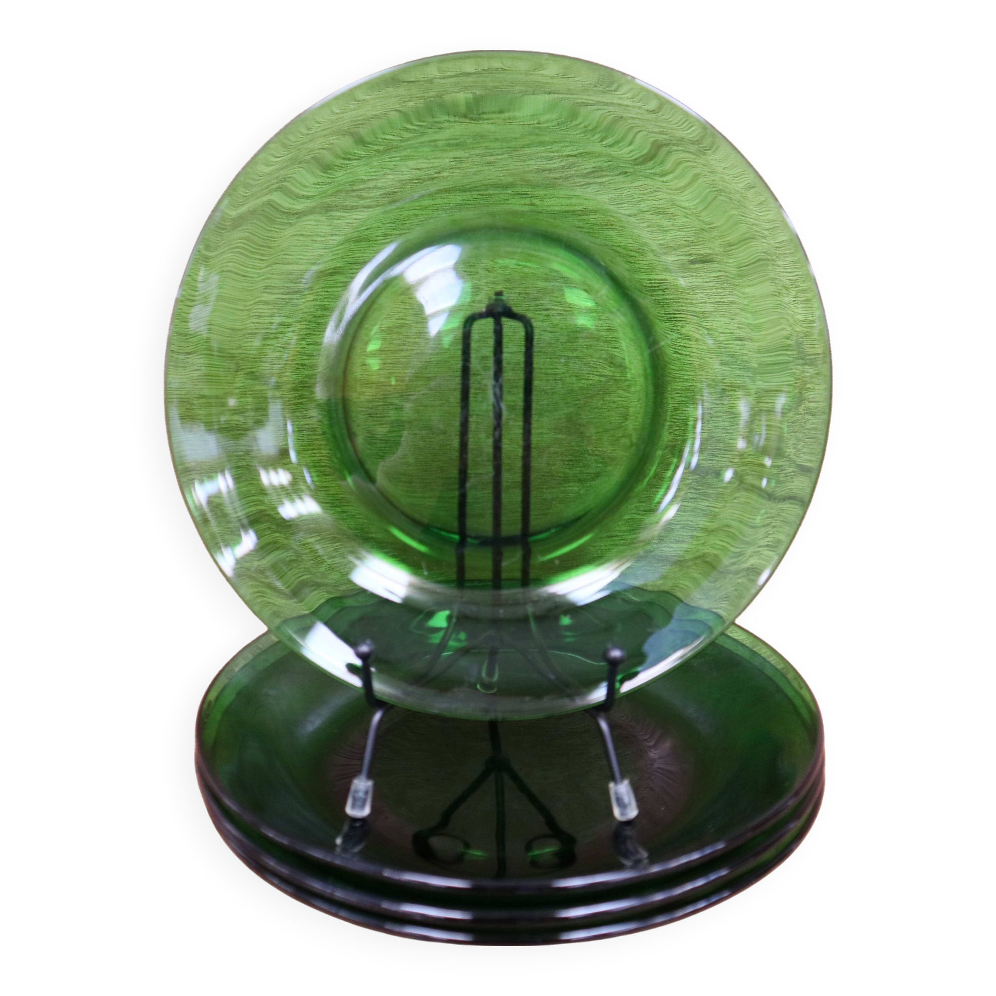 4 vintage green tempered glass soup plates Vereco France