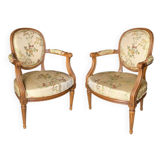 Pair of Louis XVI silk armchairs