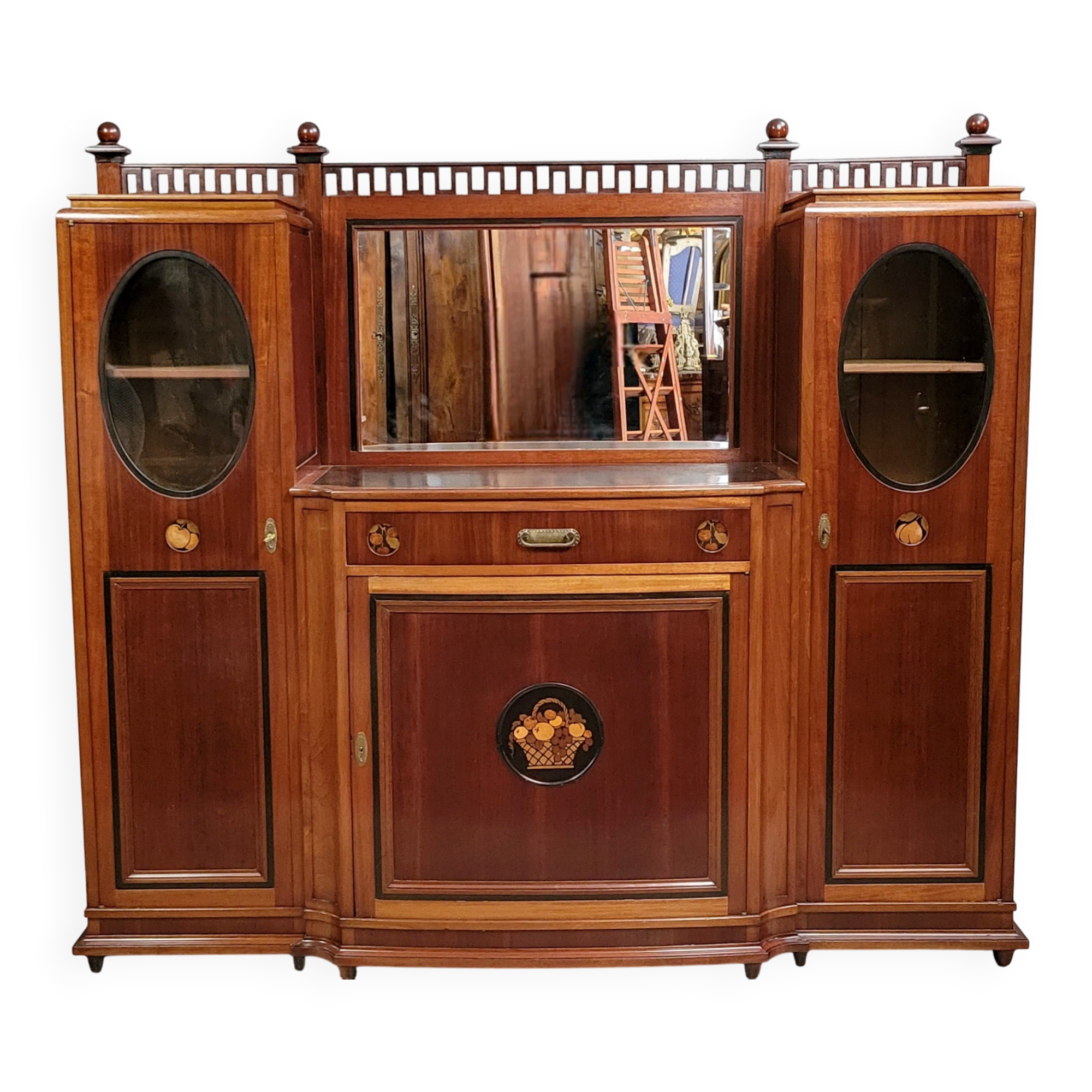 Ecole de Nancy : Grand buffet bibliothèque époque Art Nouveau en acajou