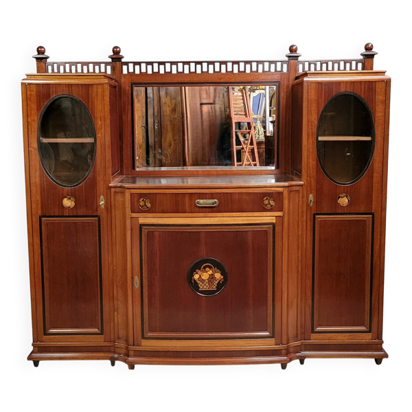 Ecole de Nancy : Grand buffet bibliothèque époque Art Nouveau en acajou