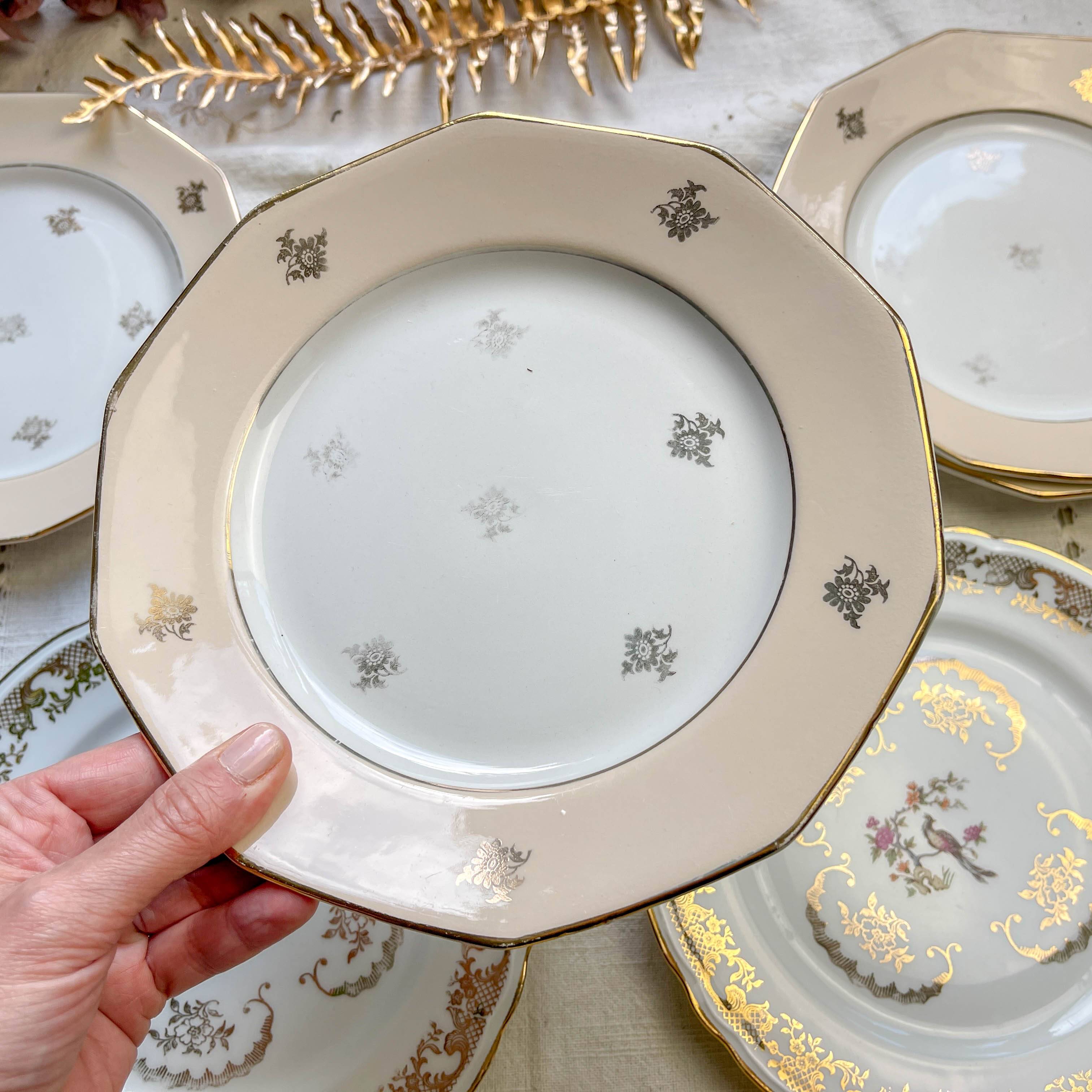 8 small vintage mismatched plates in French Limoges porcelain, Orchies - golden flower and bird motifs