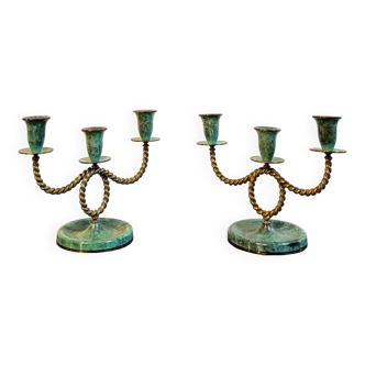 Pair of brass and oxidised brass candelabra, Italy 1940s