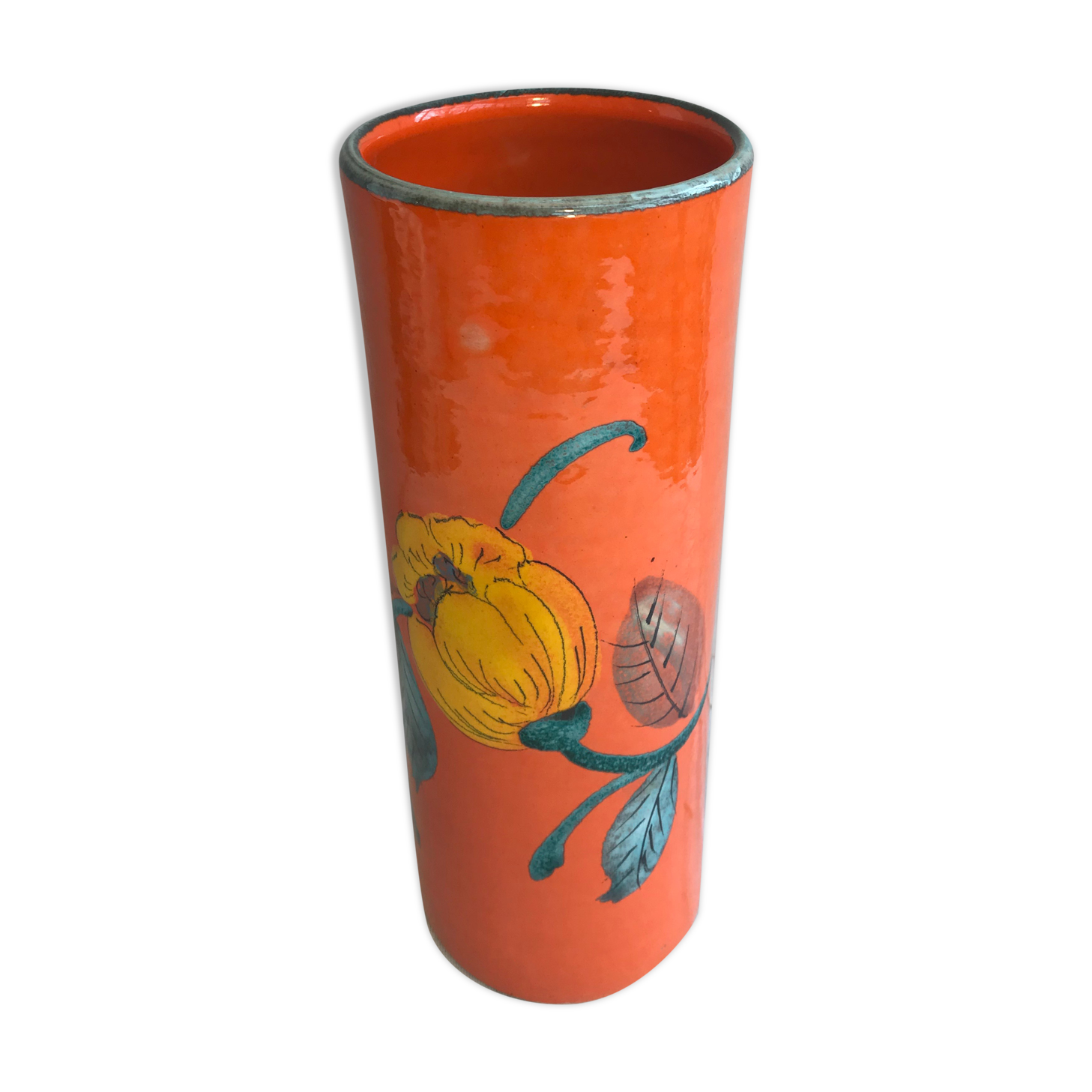 Ancient orange ceramic roll vase drawing flowers made in Italy vintage